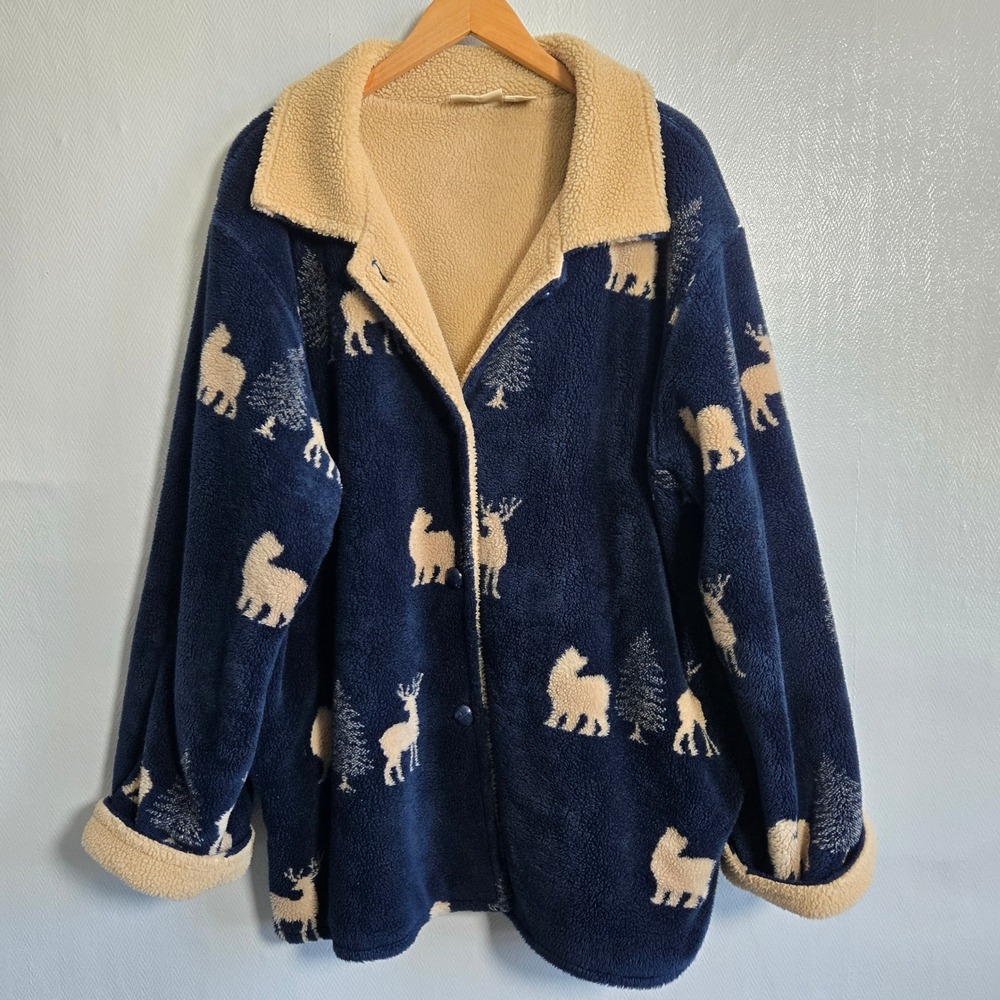 St Johns Bay Fleece Jacket Alpaca Deer Navy Blue Grandmacore Cabin 2X